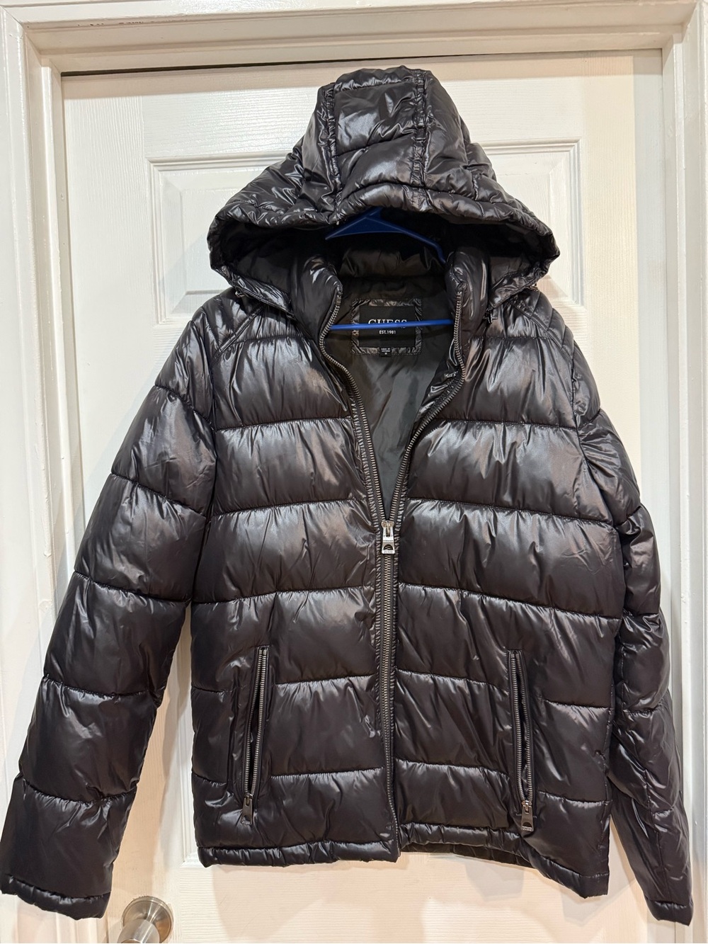 Mens Guess Puffer Hooded Jacket in Black